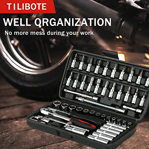 TILIBOTE Socket Wrench Set, 53PCS 1/4 Inch Ratcheting Wrench Set And Extension Bar Gimbal Slide Bar Extension Sockets, Set For Automotive Repair And Home Use. - size: 1/4"