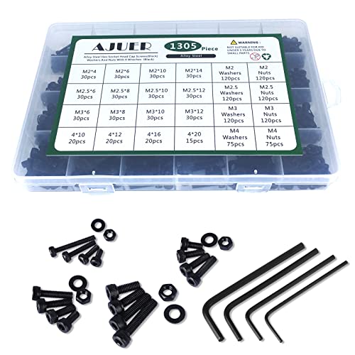 1305 PCS Metric Bolt Assortment M2 M2.5 M3 M4 12.9 Alloy Steel Hex Socket Head Cap Machine Screws Nuts and Washers,24 Sizes Bolts and Nuts Kit Black Zine Plated - size: black 1305pcs hex socket head cup screw