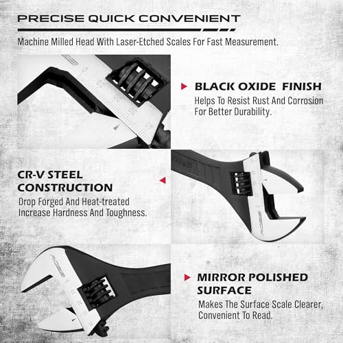 SEDY 6-Inch Adjustable Wrench, Black Oxide Finish Wide Jaw Spanner with Inch/Metric Scale, Premium Drop Forged Steel for Automotive Plumbing and Household Repairs - size: 6 Inch