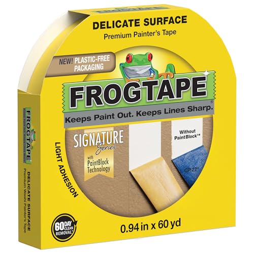 FrogTape Delicate Surface Painters Tape with PAINTBLOCK, 1.5 in Wide (0.94 in x 60 yd), Low Adhesion, Painting Tape Ideal for Freshly Painted Walls, Trim & Surfaces, Yellow, 1 Roll (280220) - size: 1 Roll, 0.94" Width