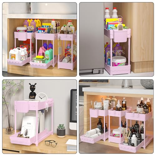 Sevenblue 3-Pack 2-Tier Under Sink Organizers with Sliding Drawers - color: Pink, size: 12.8 Inch