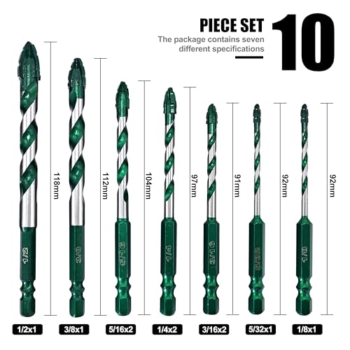 FEWELL Serrated Eccentric Masonry Drill Bit 10pcs, Tile Drill Bit 1/8”-1/2”