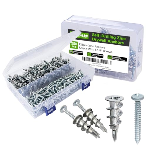 250pcs #8 Metal Self-Drilling Drywall Anchors, (125 Anchors+125 Screws) Hollow Zinc Wall Anchors and Screws Kit, 125pcs Heavy Duty Anchors 125pcs #8 x 1-1/4" Screws