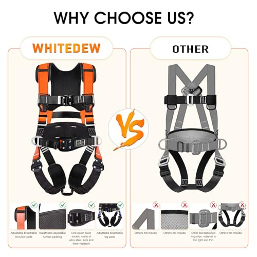 Fall Protection Premium Safety Harness with Shock Absorbing Lanyard, Vented & Padded Shoulder, Legs & Back - Upgrade 4 Quick Buckles (Orange) - color: Orange
