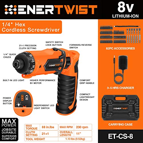 ENERTWIST 8V Cordless Screwdriver, 82 Accessory Kit, Max 10Nm 21+1 Cluth - style: 82PCS 8V ORANGE