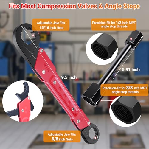 Preciva 9PCS Angle Stop Wrench Kit,2-in-1 Faucet Wrench with 5 Sandpapers &1 Storage Bag Plumbing Tool Set for Removing and Installing Angle Valves DIY & Experts
