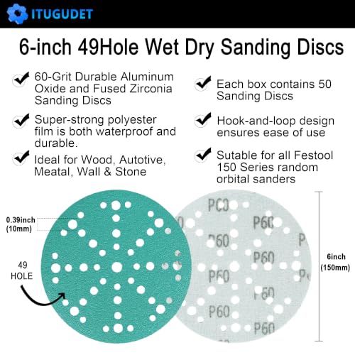 6 Inch 49 Hole Wet Dry P60 Grit Sanding Discs - 50 Pack Box - color: 60 Grit, size: 6 Inch 49 Hole