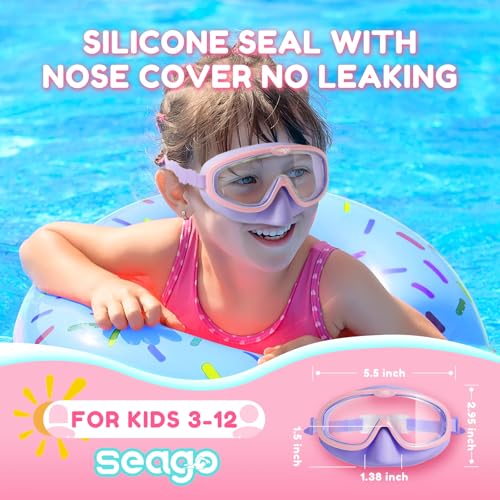 Seago Kids Swim Goggles with Nose Cover 2 Pack for 3-14 Anti-Fog Clear View - color: Pink Green & Pink Purple