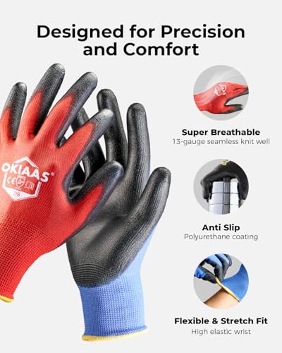 OKIAAS PU Coated Work Gloves Men, Ultra Grip & Lightweight, 12 Pairs Bulk - color: Yellow (12 Pairs), size: Medium