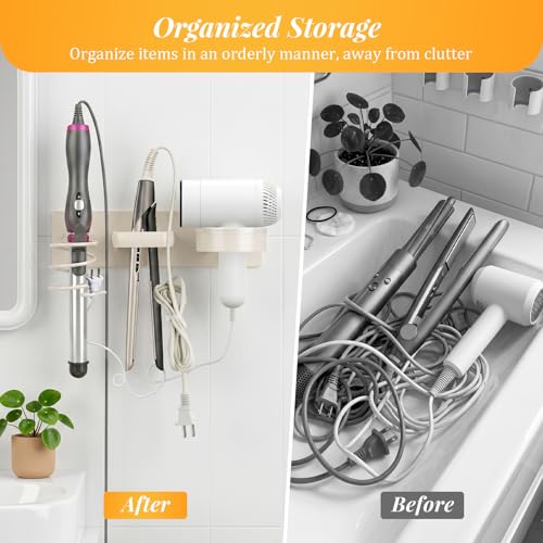 Hair Dryer Holder Curling Iron Holder Flat Iron, Curling iron holder wall mount, 3 in 1 Bathroom Hair Tool Organizer Rack for Universal Dryer,(milky white) - style: Circle style