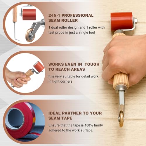 2 Pcs Seam Roller with Tester Probe, 40 mm Silicone Seam Roller with 6 mm Brass Detail Penny Tool, Smoothing Tool for PVC/TPO/EPDM Single Ply Roofing Tape Woodwork Wallpaper Installation | 40 mm Silicone Seam Roller with 6 mm Brass Detail Penny Tool, Smoo
