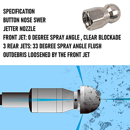 Hourleey Sewer Jetter Kit for Pressure Washer 50FT, Drain Cleaner Hose 1/4 Inch NPT, Orifice 4.0 Button Nose and Rotating Sewer Jetting Nozzle Spanner Tape Pearl Corsage Pin, 4000 PSI - size: Black-50 FT
