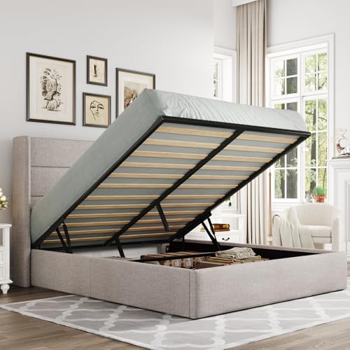 Allewie Queen Size Lift Up Hydraulic Storage Bed Frame Light Beige - color: Beige, size: Queen, style: Modern