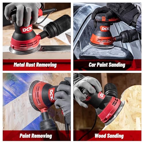 DCK Random Orbital Sander, 3.0 AMP Corded Palm Sander, 6 Speeds Max 12,000 OPM, 5-Inch with 10 pcs Sandpapers, Dust Bag, Low Vibration for Woodworking, Decoration Furniture (KSA125)