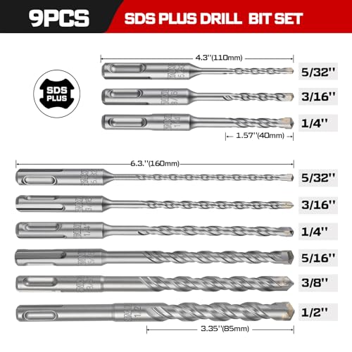 Geinxurn 5/32" x 4" to 1/2" x 6" SDS Plus Rotary Hammer Drill Bits, 9PCS Double Thread Masonry Drill Bits Set Carbide Tipped, Drilling in Brick, Stone and Concrete, Cement Walls - size: SDSBIT09-US