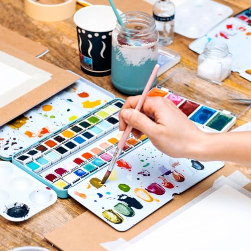 PATIKIL Empty Watercolor Palette, Metal Watercolor Tin with 52pcs Half Pans Paint Case with Lid Paint Box for Travel Gouache Oil Painting, Colorful 52 Wells - style: 52 Wells