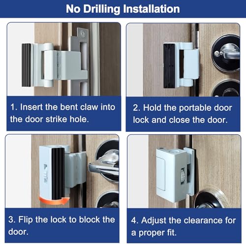 Portable Door Lock for Home/Hotel Security, Flip Action Style - color: White