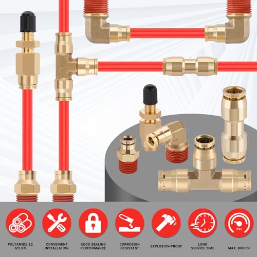 CheeMuii 76 Pcs Brass DOT Air Line Fittings with 1/4" & 3/8" DOT Air Hoses - size: 2ROLL-80PCS-RED