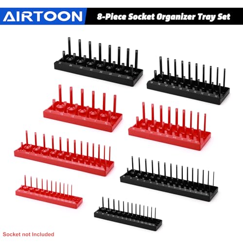 8-Piece Socket Organizer Trays, SAE and Metric Socket Tray Set, 1/4", 3/8", and 1/2" Drive Deep and Standard Socket Holders Organizers for Toolbox, Black & Red - size: 8PCS METRIC&SAE