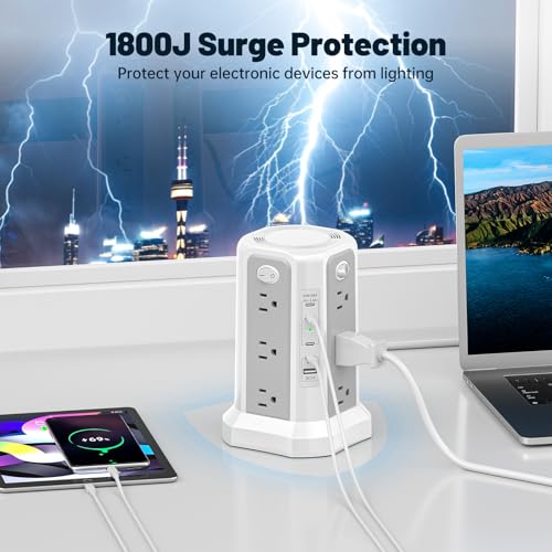 PASSUS PD 65W USB C Fast Desktop Charging Station Tower Power Strip - color: Gray White-4C1A