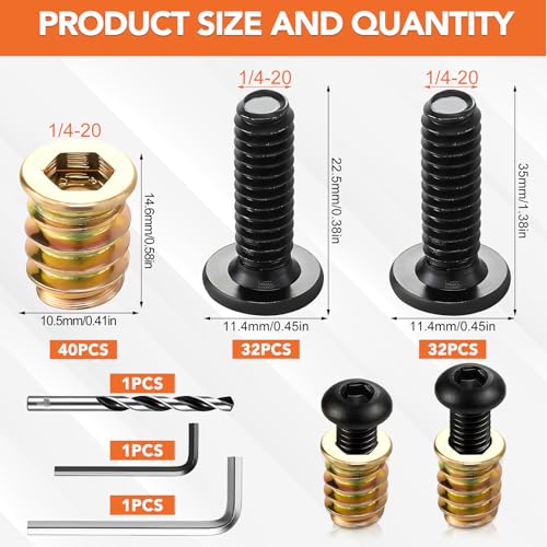 Hapric 120 Pcs 1/4-20 Threaded Inserts for Wood Kit, Wood Furniture Screw - size: 1/4-20 x 3/4"-120pcs