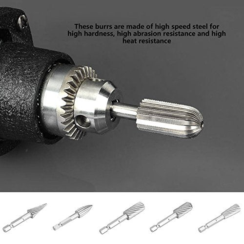 High Speed Steel Rotary Files 5pcs 1/4inch Hex Shank High Speed Steel Burrs Rotary Files Tools for Aluminum and Iron Hardware