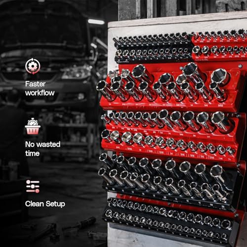 Socket Buddy Magnetic Socket Organizer Set, 6PCS Socket Holder,1/8" to 1-1/4" Sockets Holds 143 Pieces Magnetic Sockets Trays (Black&red)