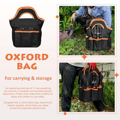 HaSteeL Garden Tools Set, 11 Pcs Gardening Supplies Hand Tool Kit for Women Men Gardeners, Include Tote Bag, Reportting Mat, Transplant Trowel, Rake, Pruner for Outdoors