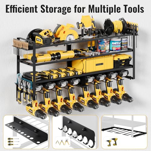 Power Tool Organizer Wall Mount 2 Pack,4 Layers Heavy Duty Garage Tool Storage,Loads 300 Lbs With 8 Cordless Drill Holder - color: Black, size: 33"Width*2