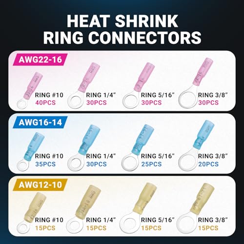 300Pcs Marine Grade Heat Shrink Ring Connectors Kit #10,1/4",5/16",3/8", Thickened Tinned Red Copper Wire Terminals, 3:1 Waterproof Insulated Crimp Connector Assortment for Boat Automotive RV
