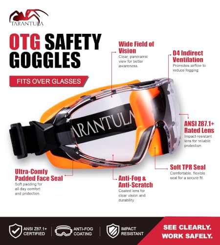 ANSI Z87.1+ Safety Goggles Over Glasses, Anti-Fog&Anti-Scratch UV380 Lenses - color: Orange