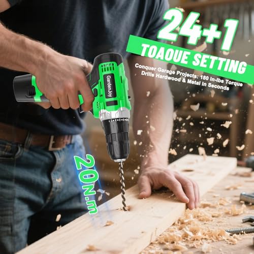 GardenJoy Cordless Power Drill Set: 12V Electric Drill with Battery and Charger, 42pcs Acessories, 3/8"Keyless Chuck, 2 Variable Speed, 24+1 Position, Compact Drill Driver Kit for Home & DIY Project - style: 12V - 2 Batteries - Green - Basic