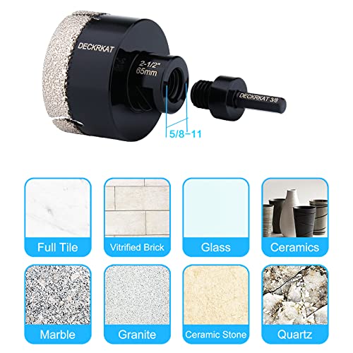 Diamond Hole Saw, 2-1/2" Hole Saw for Tiles Granite Marble Ceramic Glass Porcelain, 65mm Core Drill Bit with 5/8-11 Thread and 3/8” Hex Shank Adapter for Angle Grinders & Drills - size: 2-1/2"(65mm)