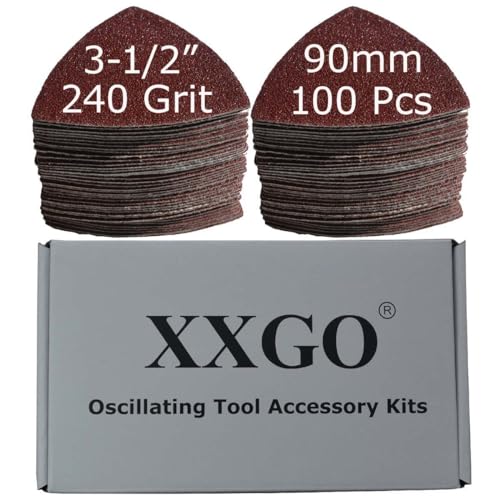 XXGO 100 Pcs 240 Grits 3-1/2 Inch 90mm Triangular Multi Tool Sanding Paper | For Metal Wood Sanding Hook & Loop Design Strong Velcro - size: 3-1/2 Inch 240 Grit - 100 Pcs