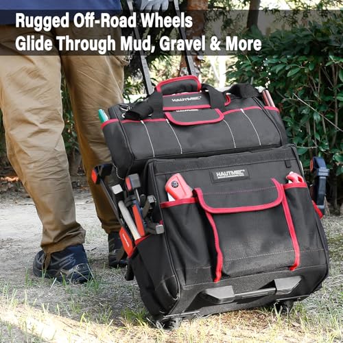 HAUTMEC 2-Piece Rolling Tool Bag Set, 15" Wheeled Tool Bag & Wide Mouth Tool Tote, Heavy-Duty Tool Storage Organizer with Durable Off-Road Wheel, Steel Telescoping Handle & Shoulder Strap – HT0288 - style: 2-Pcs Set | Black