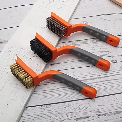 MAXMAN Wire Brush Set 3Pcs, Brass/Steel/Nylon Bristles, Rust &Paint Remover