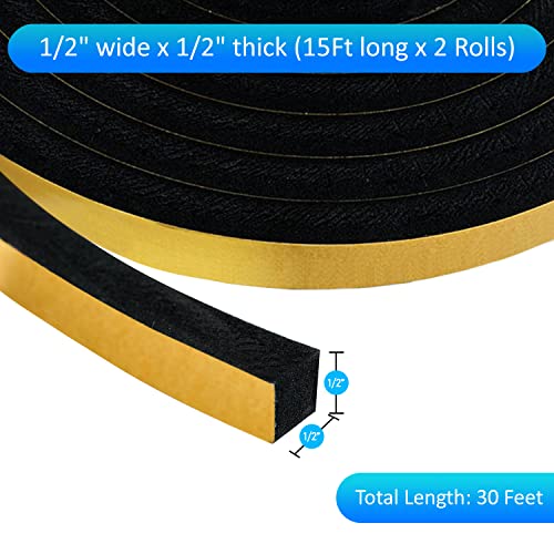 High Density Foam Weather Stripping Door Seal Strip Insulation Tape Roll for Insulating Door Frame, Window, Air Conditioner | Self Adhesive Sealing Weatherstrip (Black, 1/2 in x 1/2 in x 30Ft) - color: Black, size: 1/2 In x 1/2 In x 30 Ft