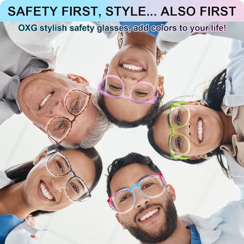 OXG 3 Pack Stylish Safety Glasses, ANSI Z87+ Anti Fog Safety Goggles Blue Light Blocking Protective Eyewear for Nurses - color: Leopard+rianbow+pink