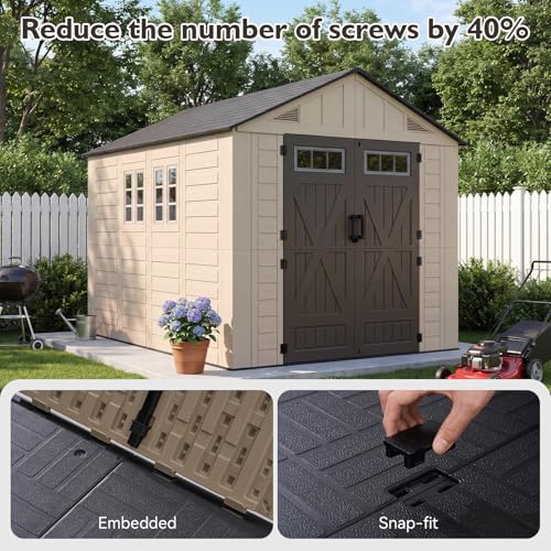 Aoxun 8x10 Ft Outdoor Storage Shed with Floor, Large Resin Outdoor Shed with Lockable Door & Windows, Garden HDPE Sheds for Lawn Tools, Pool Supplies & Bikes - size: 8x10