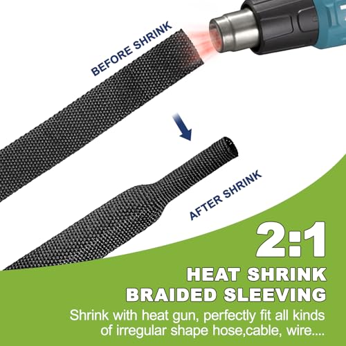 2:1Heat Shrink Wire Loom Braided Cable Sleeves, Heat Resistant Fabric Woven Shrink Tubing Wiring Harness for Protection Automotive, Harness Cable, Cable Management (1/4"-30ft) - size: 1/4"-30ft