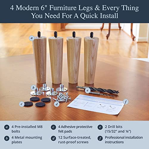 Airy Abode Premium Ash Wood Furniture Legs (Full Install Kit) - Pick Your Size and Color - color: Ash, size: 6 Inches