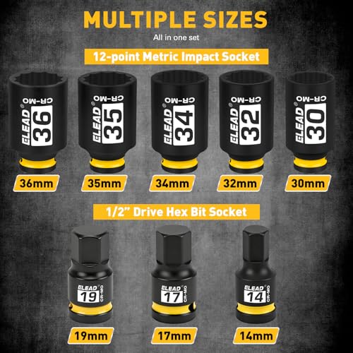 12-Point 1/2" Drive Axle Nut Socket Set, 8-Piece Metric Wheel Axle Nut Wrench Large Jumbo 30mm 32mm 34mm 35mm 36mm, Hex Bit Socket 14mm 17mm 19mm, Car Spindle Joint High Torque Truck Bearing Locknut - style: Metric 12-Point