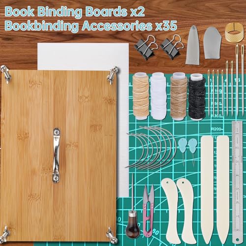 NiHome 35 PCS Book Binding Kit, Bamboo Book Press, Portable Handle for DIY | Bookbinding Tools & Supplies With Waxed Thread, Bone Folder, Awl, Cloth For Beginners Notebook Repair & Crafts