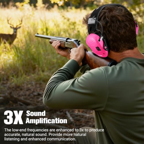 Electronic Shooting Ear Protection w/Gel Pads, 23dB NRR Active Noise Reduction & 3X Amplification Headset for Shooters - color: Pink