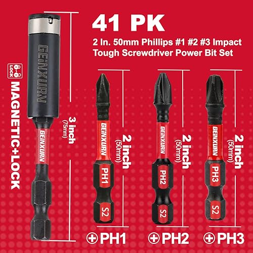 GEINXURN Anti-Slip Hex Impact Tough Magnetic Screwdriver Bits Set 2 in. PH1/PH2/PH3 Insert Driver Bits,40Pack 1/4 Inch Hex Shank Phillips Cross Screwdriver Bits Set with 1Pcs Impact Bit Holder - size: 41pcs-2“