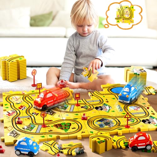 Beby Buty 48PCS Puzzle City Racer Car Track Set Toys for Kids, Toys Gifts for 3 4 5 Year Old Boys, Puzzle Racer Kids Car Track Set Ages 3-5 4-6, 3 4 5 Year Old Boys - style: 48 PCS City Theme