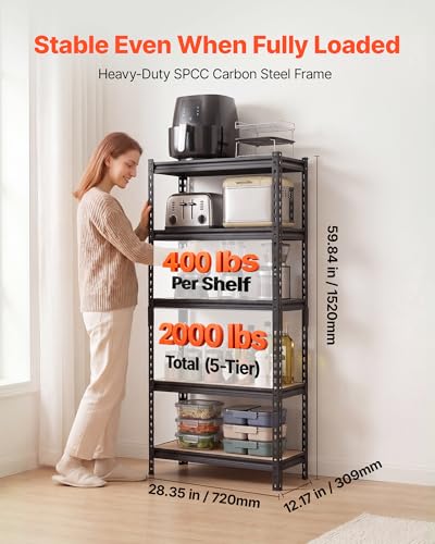 VEVOR Storage Shelves, 5-Tier Adjustable, 2000 lbs Capacity, Heavy Duty Garage Storage Shelving Unit, Metal Utility Rack Shelf, for Kitchen Pantry Basement Bathroom, 28.35" W x 12.17" D x 59.84" H - size: 12" D x 28" W x 60" H