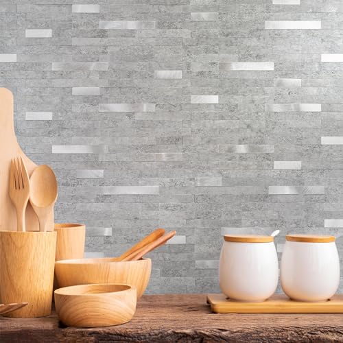 StyloVue 20 Sheets Peel and Stick Backsplash for Kitchen, Slate Gray with Metal Silver Look Stick on Tile Upgrade Your Kitchen Backsplash, RV, Fireplace - color: Slate Gray With Metal Silver