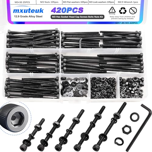 mxuteuk 420PCS M3 Screws,M3x30/35/40/45/50mm Hex Socket Head Cap Screws Bolts Nuts Kit,12.9 Grade Alloy Steel M3 Bolts with Hex Wrench - size: 420PCS M3 x 30/35/40/45/50mm