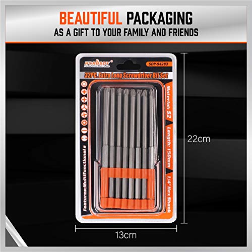 HORUSDY 32-Piece 1/4" Shan Extra Long Security Power Bit Set, 6" Long Tamper Proof Security Bits, S2 Steel. - style: Extra Long Security Power Bit Set